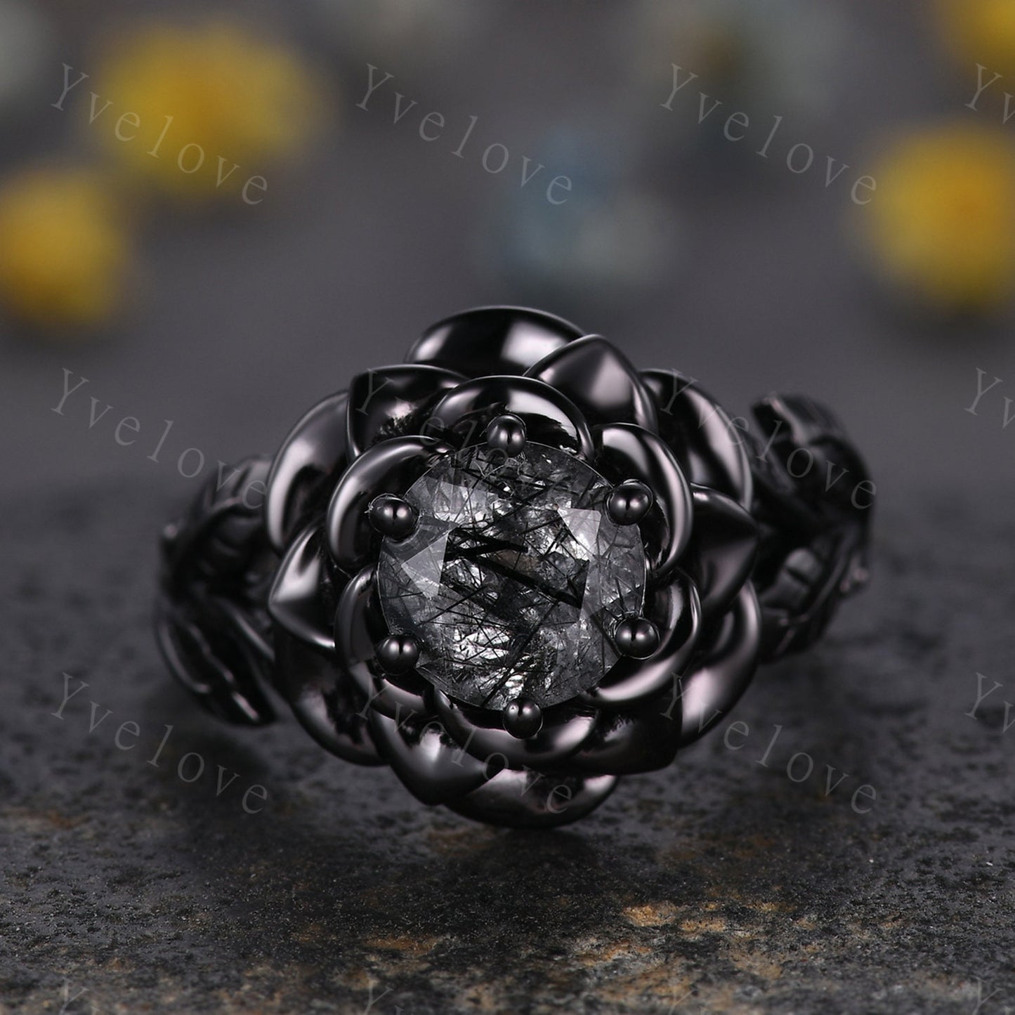 Black Rutilated Quartz Rose Flower Engagement Ring Black Silver Band Romantic Wedding Ring Promise Ring Women Statement Ring Gothic Ring