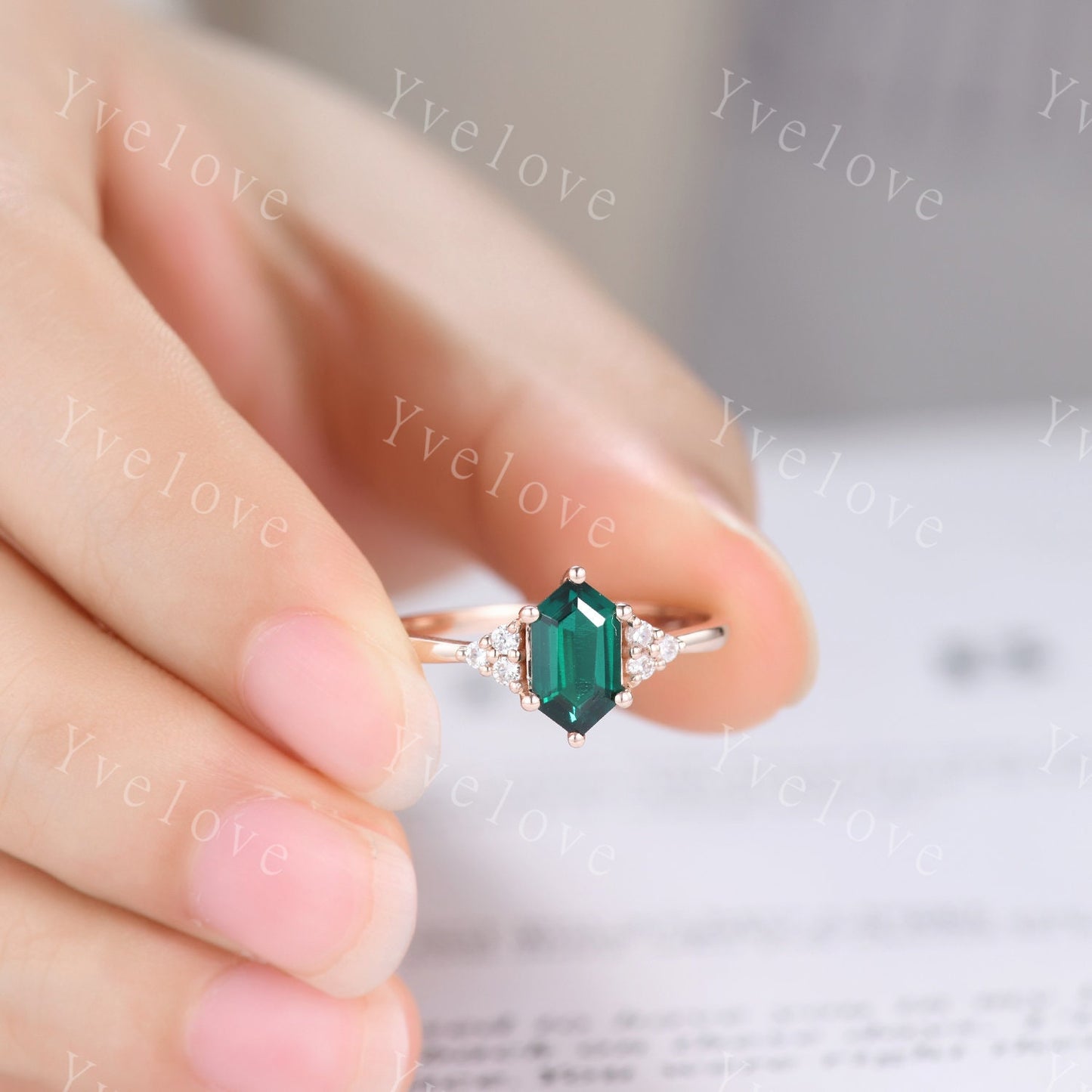 Retro Long hexagon Green Emerald Ring,Vintage 14k 18k Rose Gold Ring,Unique Emerald Engagement Ring,Promise Ring,May Birthday Gift For Her
