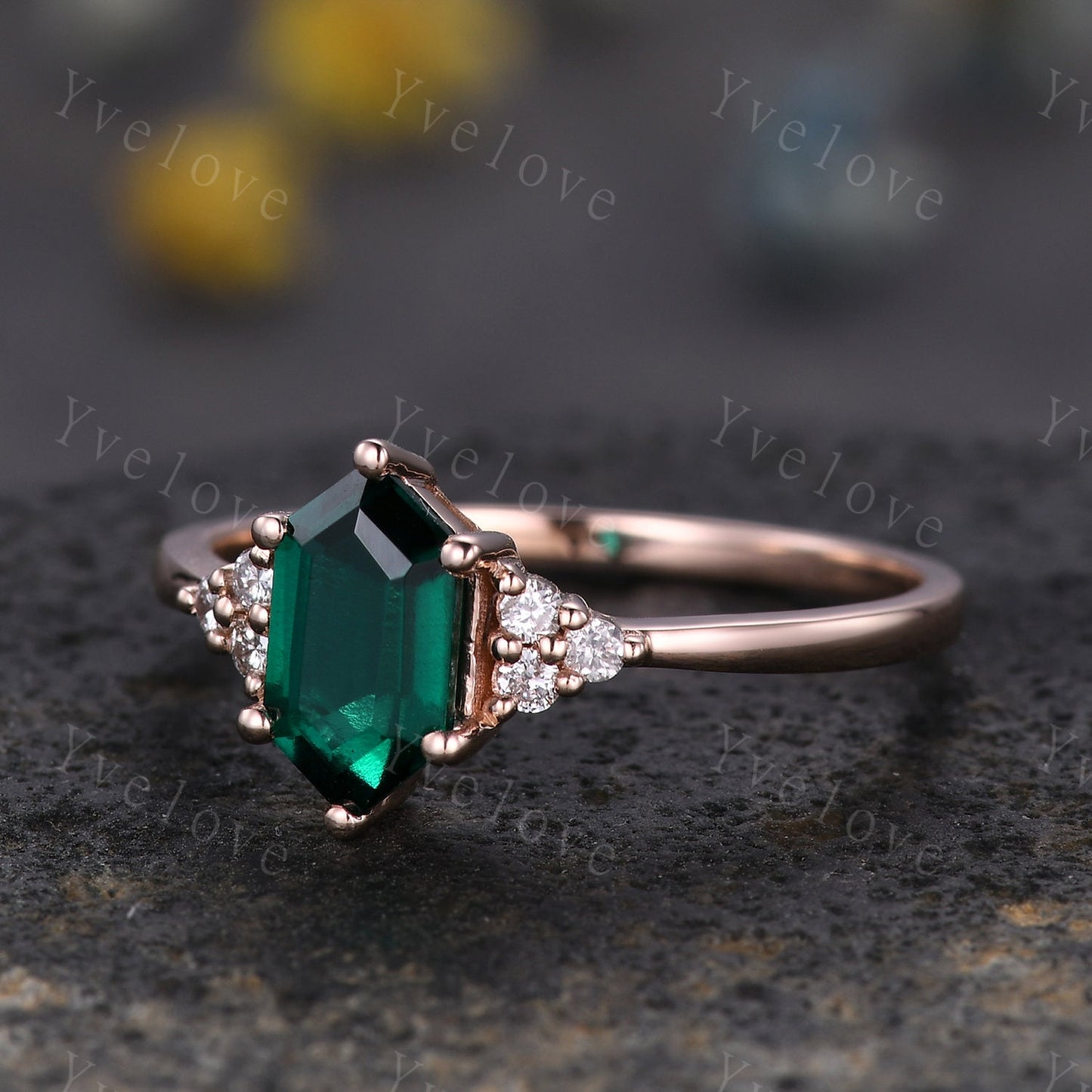 Retro Long hexagon Green Emerald Ring,Vintage 14k 18k Rose Gold Ring,Unique Emerald Engagement Ring,Promise Ring,May Birthday Gift For Her