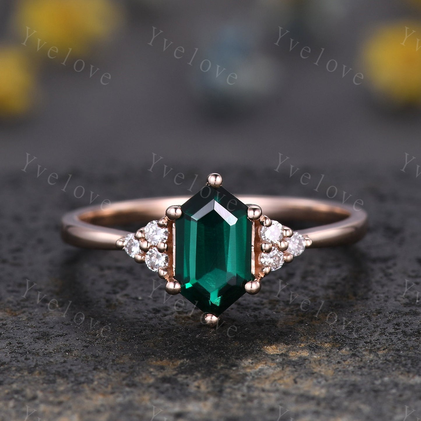 Retro Long hexagon Green Emerald Ring,Vintage 14k 18k Rose Gold Ring,Unique Emerald Engagement Ring,Promise Ring,May Birthday Gift For Her