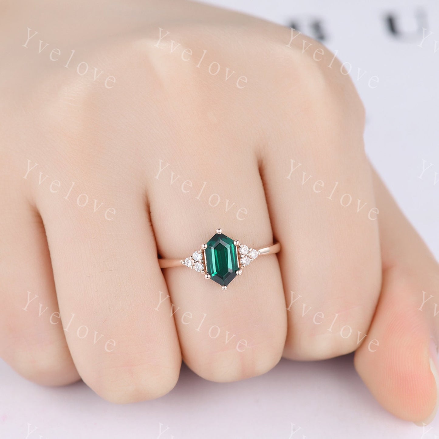 Retro Long hexagon Green Emerald Ring,Vintage 14k 18k Rose Gold Ring,Unique Emerald Engagement Ring,Promise Ring,May Birthday Gift For Her