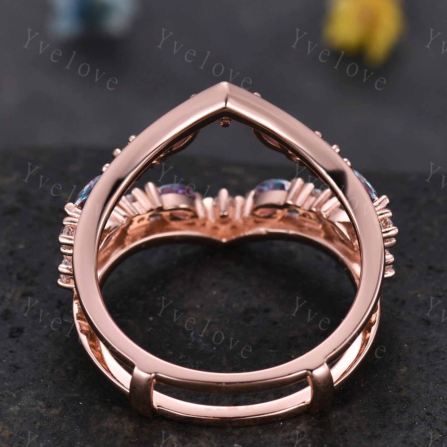Alexandrite Wedding band,Marquise Alexandrite Ring,Retro Rose Gold Ring,Enhancer Wrap Guard Band,Women Double Curved Stacking Matching Band