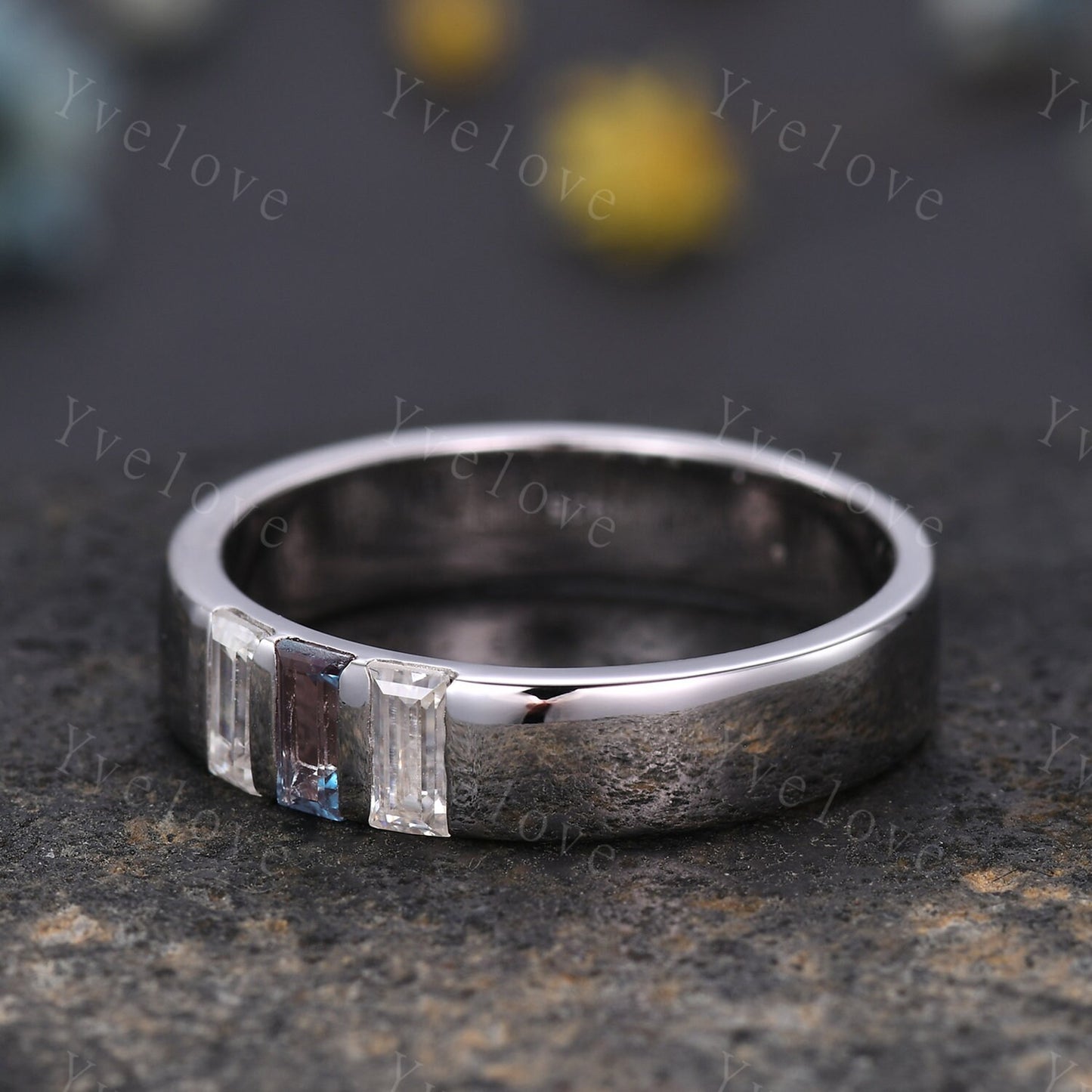 5mm Mens Alexandrite Wedding Band Baguette Diamond Wedding Ring Platinum Ring Men Stackable Matching Band 3 Stones Ring Gifts Handmade Ring