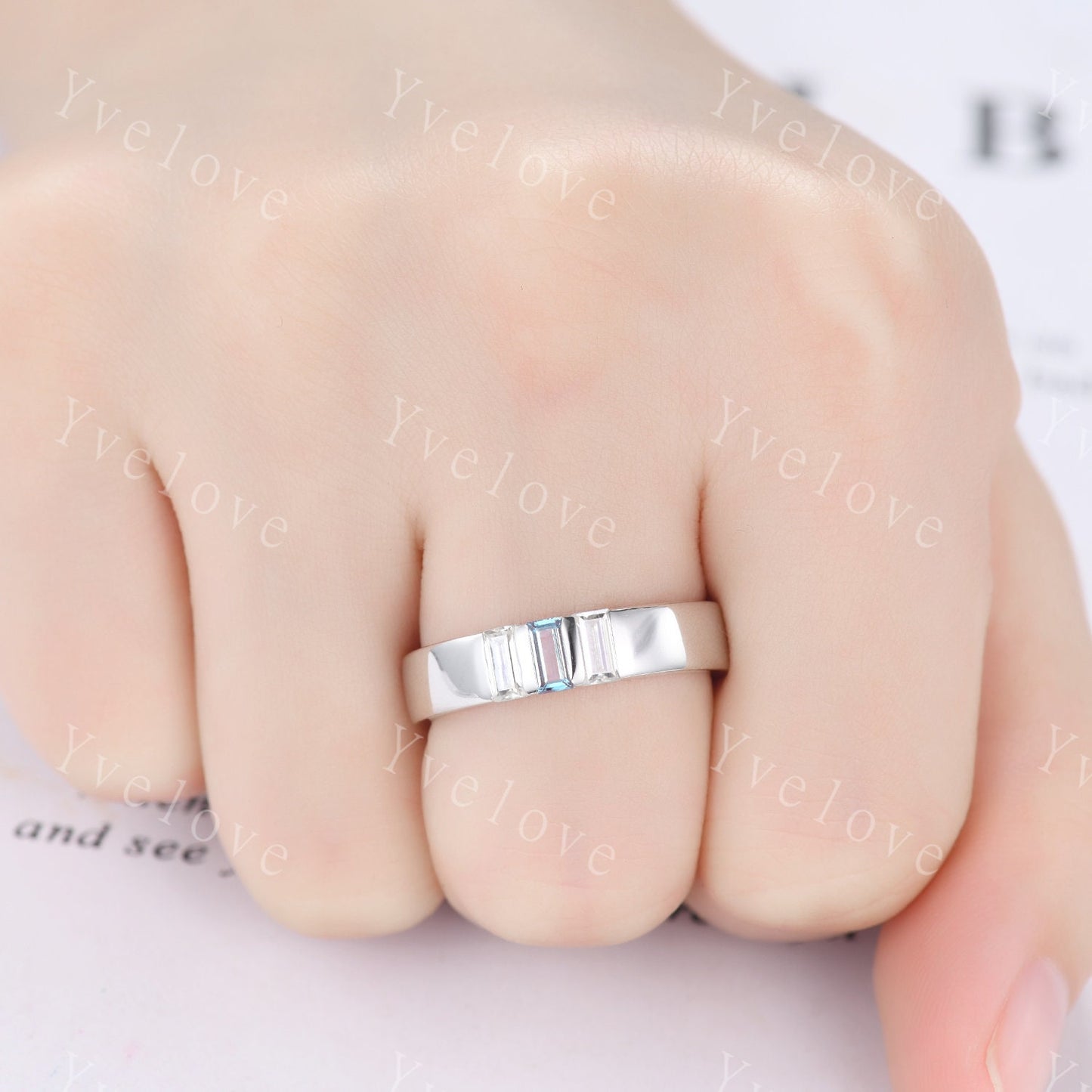 5mm Mens Alexandrite Wedding Band Baguette Diamond Wedding Ring Platinum Ring Men Stackable Matching Band 3 Stones Ring Gifts Handmade Ring