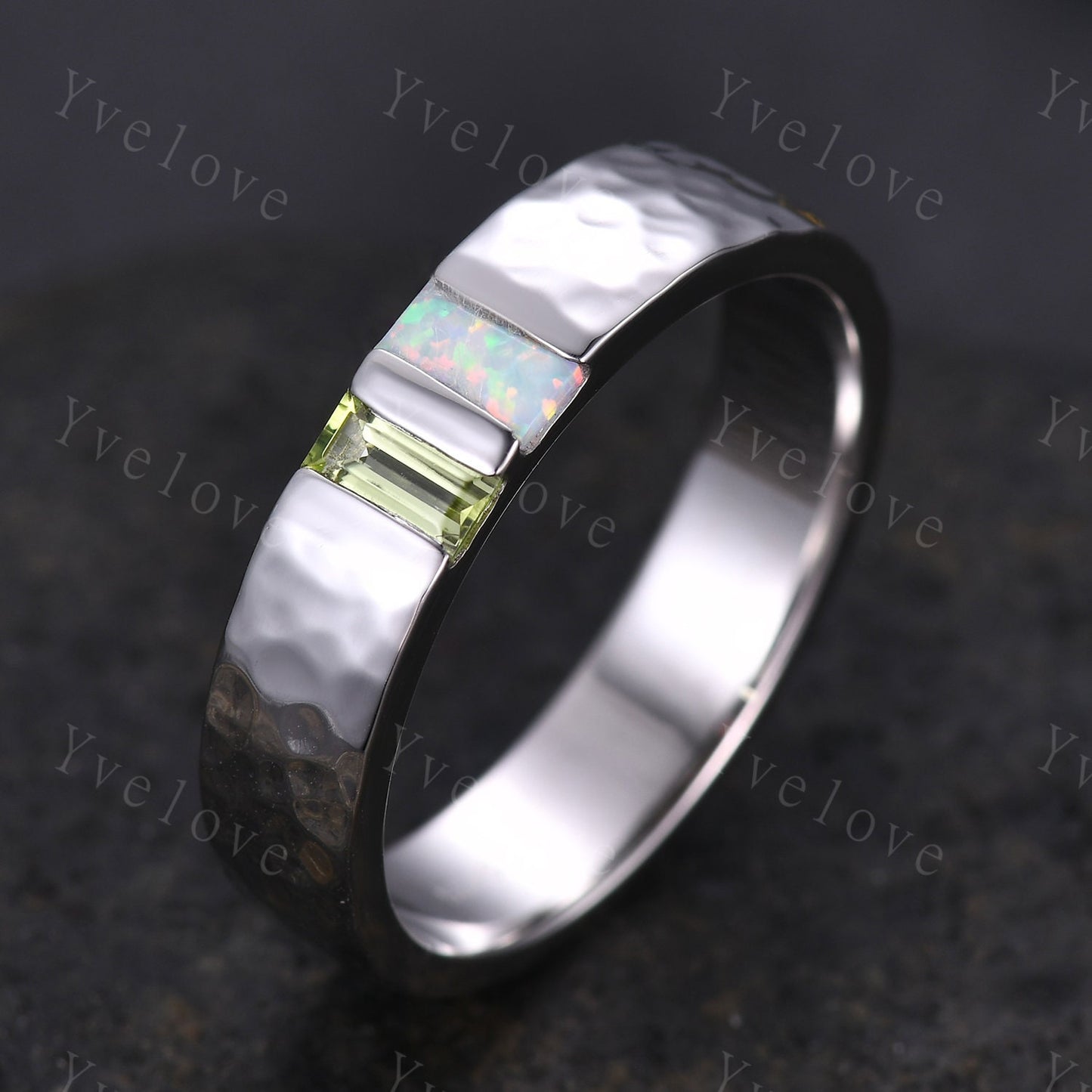 Mens Peridot Opal Wedding Band Baguette Cut Peridot Opal Ring 18k White Gold Ring Hammered Stacking Matching Band Family Birthstone for men