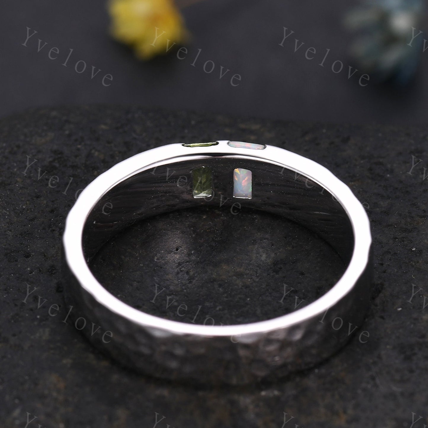 Mens Peridot Opal Wedding Band Baguette Cut Peridot Opal Ring 18k White Gold Ring Hammered Stacking Matching Band Family Birthstone for men