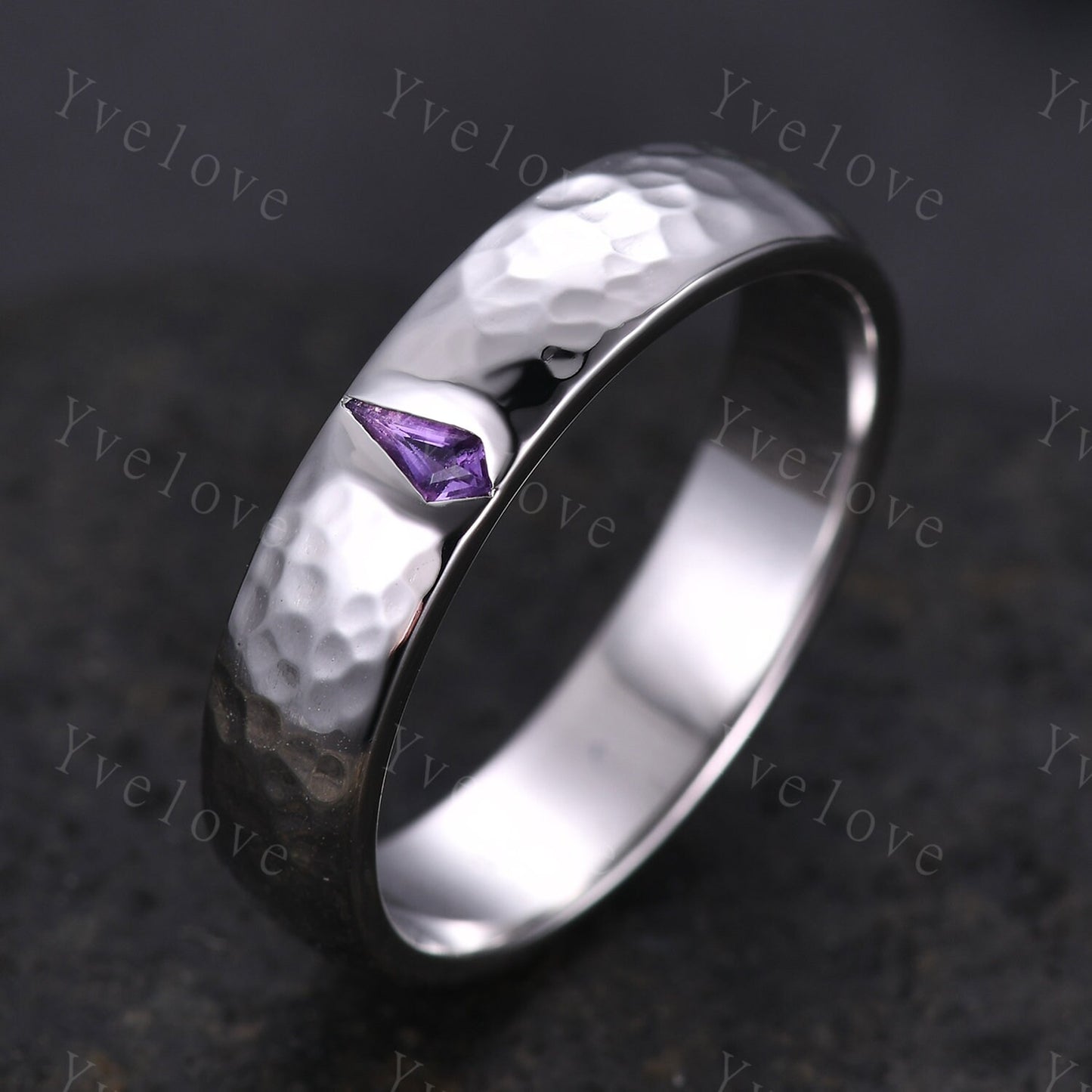 Mens Kite Amethyst Wedding Band Retro Black Gold Ring Mens Hammered Stackable Matching Ring February Birthstone Vintage Ring Gift For Him