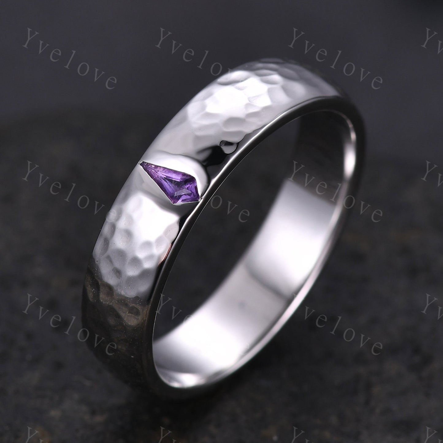 Mens Kite Amethyst Wedding Band Retro Platinum Ring Mens Hammered Stackable Matching Ring February Birthstone Vintage Ring Gift For Husband
