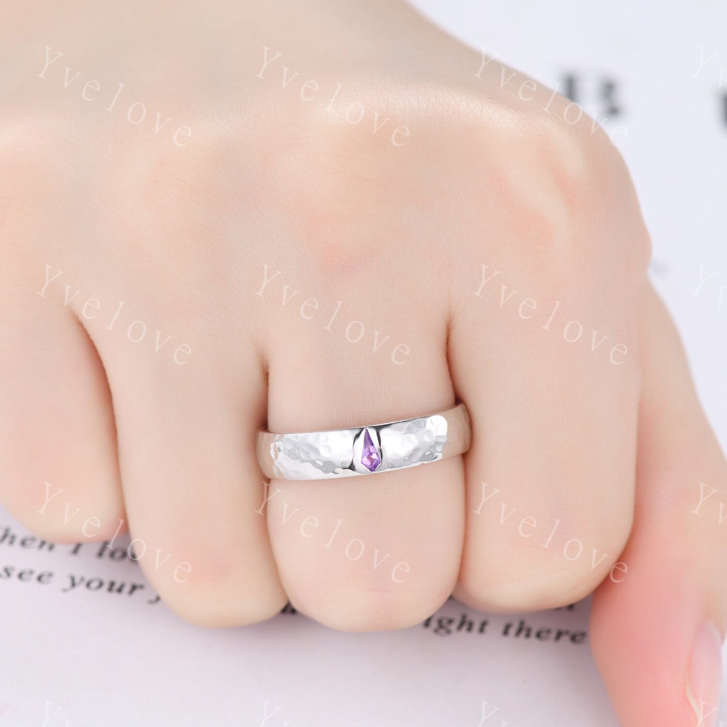 Mens Kite Amethyst Wedding Band Retro Platinum Ring Mens Hammered Stackable Matching Ring February Birthstone Vintage Ring Gift For Husband