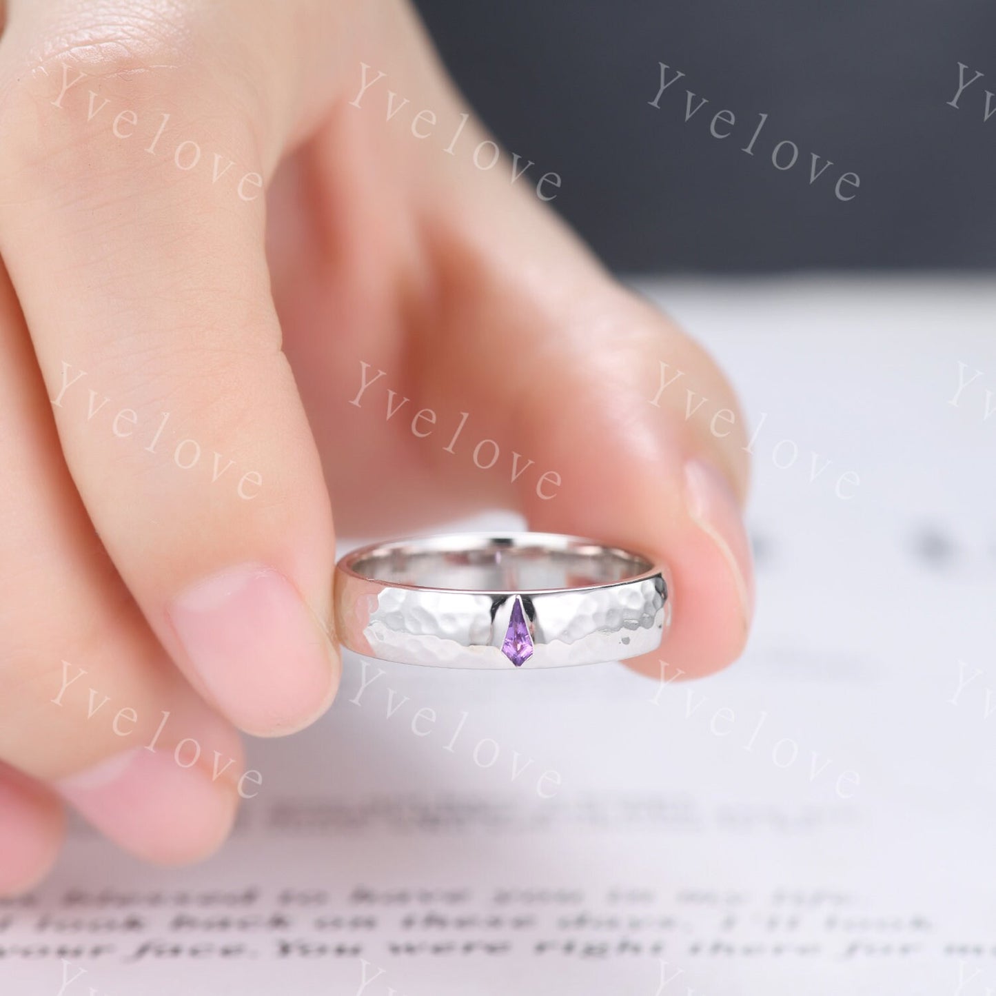 Mens Kite Amethyst Wedding Band Retro Platinum Ring Mens Hammered Stackable Matching Ring February Birthstone Vintage Ring Gift For Husband