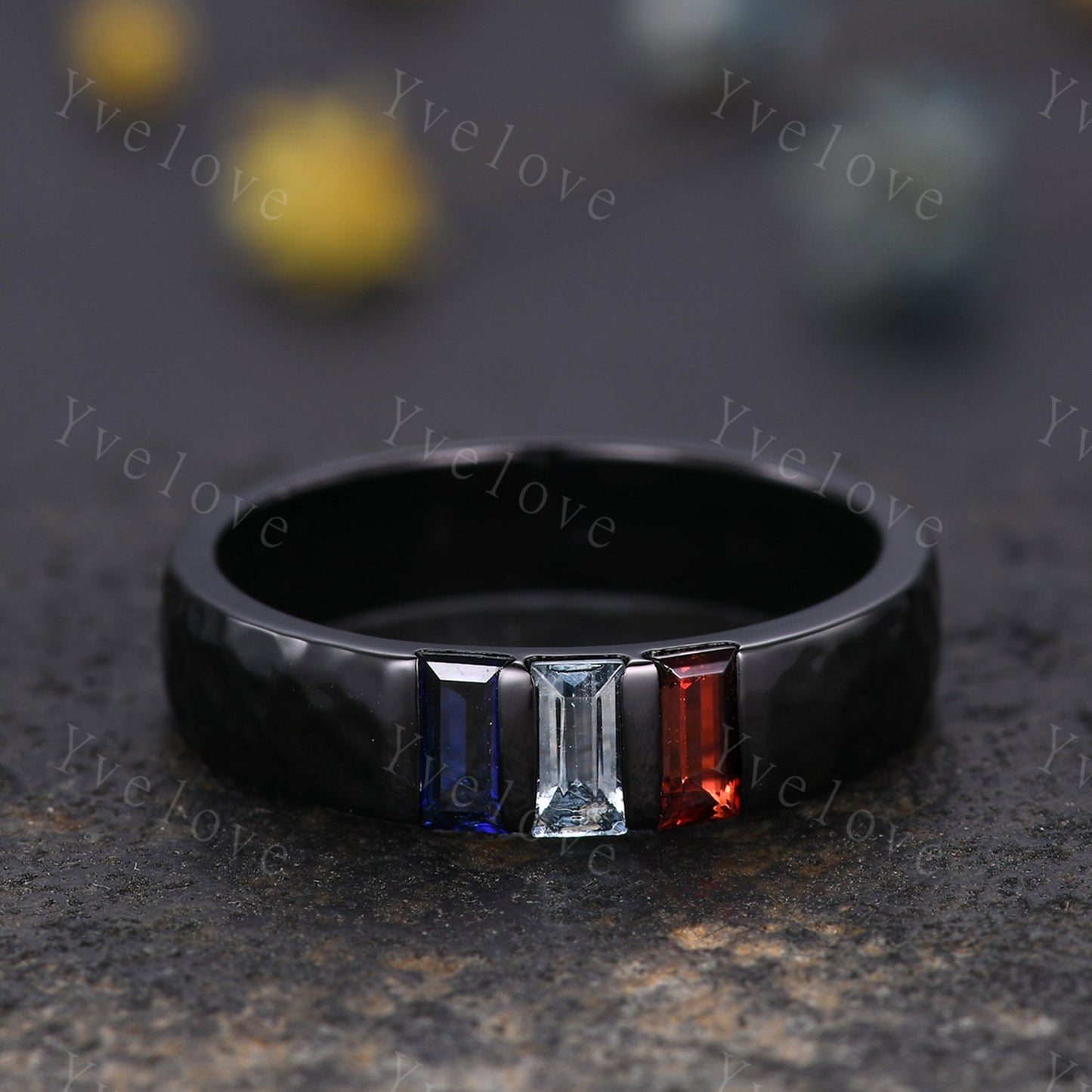 Retro Mens Baguette Cut Aquamarine Garnet Sapphire Wedding Ring 5mm Hammered Band Black Gold Mens Stackable Matching Band Gift For Him