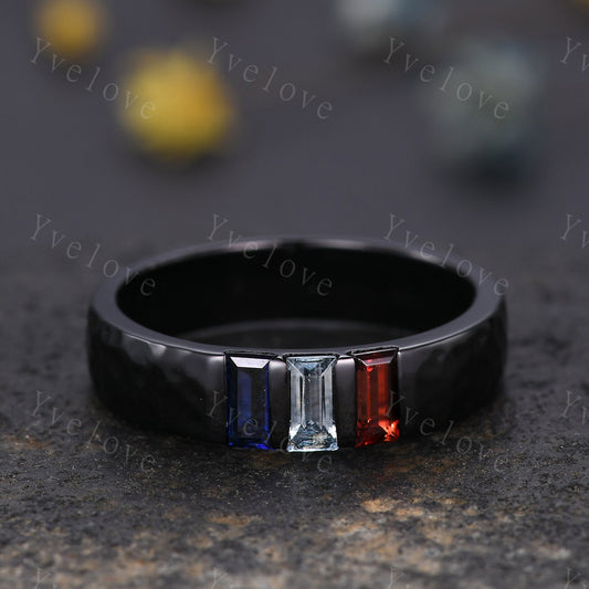 Retro Mens Baguette Cut Aquamarine Garnet Sapphire Wedding Ring 5mm Hammered Band Black Gold Mens Stackable Matching Band Gift For Him