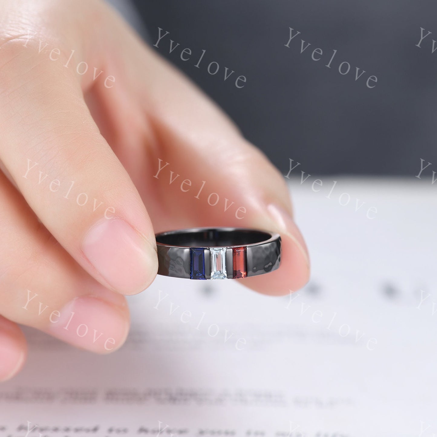 Retro Mens Baguette Cut Aquamarine Garnet Sapphire Wedding Ring 5mm Hammered Band Black Gold Mens Stackable Matching Band Gift For Him