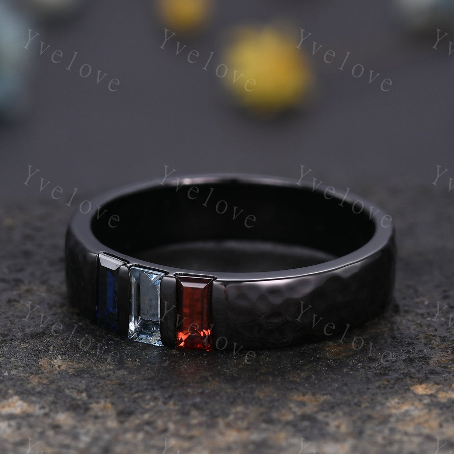Retro Mens Baguette Cut Aquamarine Garnet Sapphire Wedding Ring 5mm Hammered Band Black Gold Mens Stackable Matching Band Gift For Him