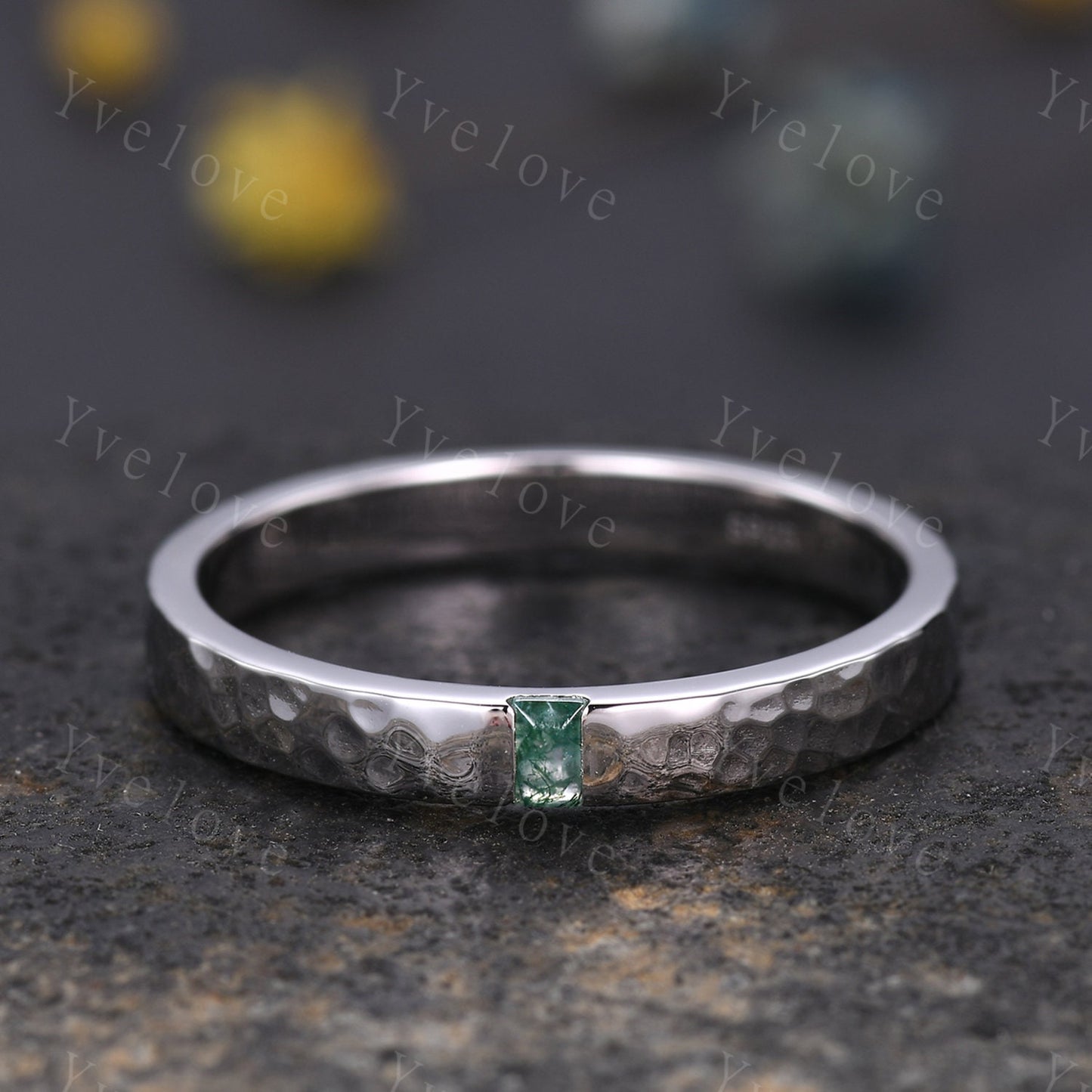3mm Mens Moss agate Wedding Band Baguette Cut Natural Agate Band 14k Gold Ring Men Hammered Stacking Matching Band Retro Vintage Ring Gift