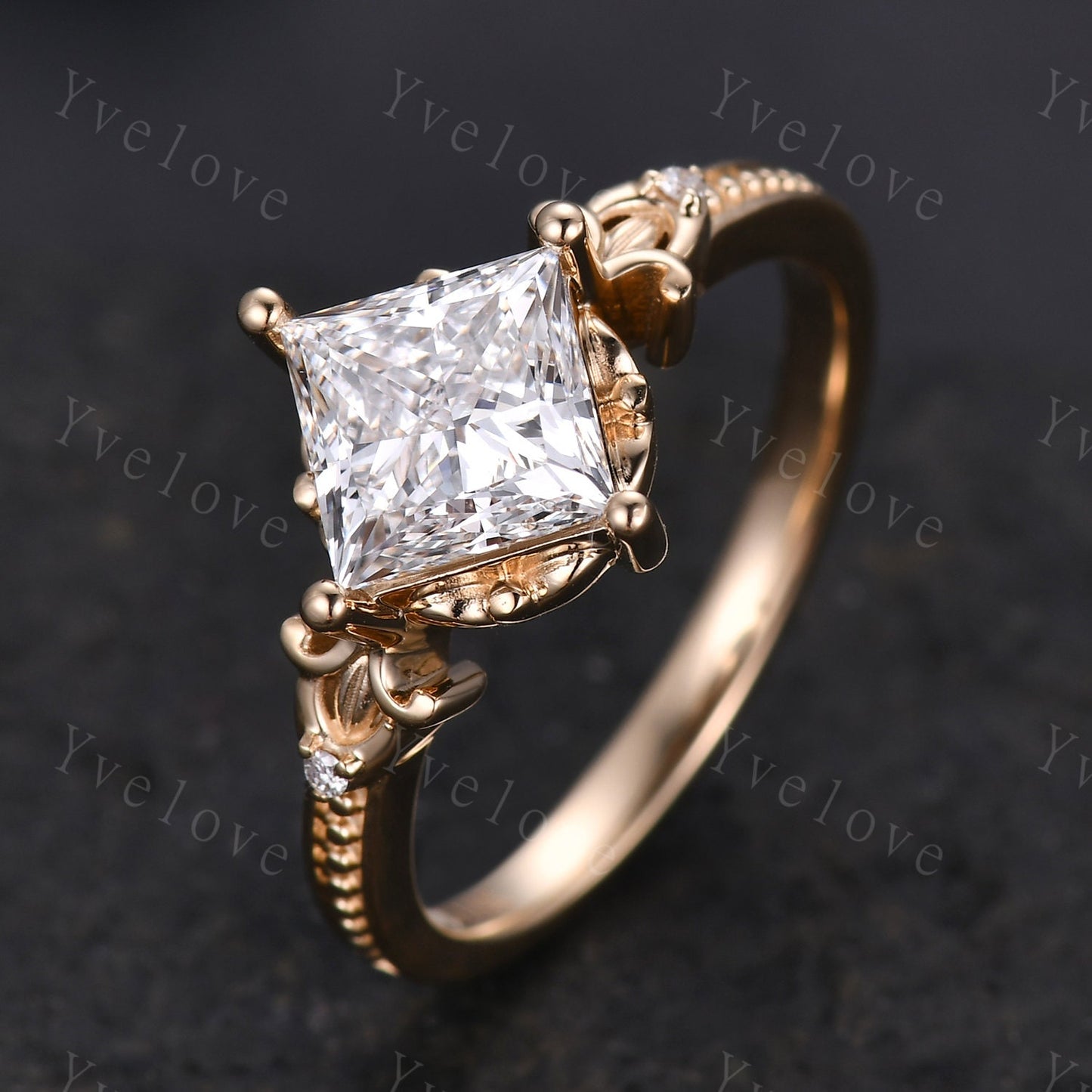 Unique Princess Shaped Moissanite Engagement Ring 14K Solid Gold Milgrain Vintage Moissanite Wedding Ring Art Deco Promise Ring For Women