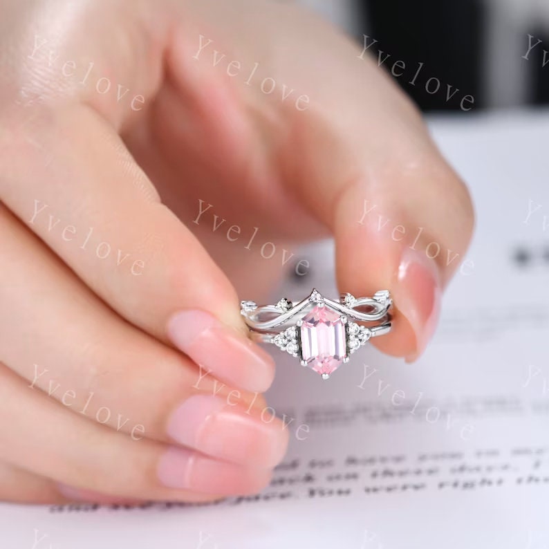 Retro hexagon Pink Sapphire Ring,Vintage Sterling Silver Ring Set,Unique Sapphire Engagement Ring,Promise Ring,Anniversary Ring Gift For Her