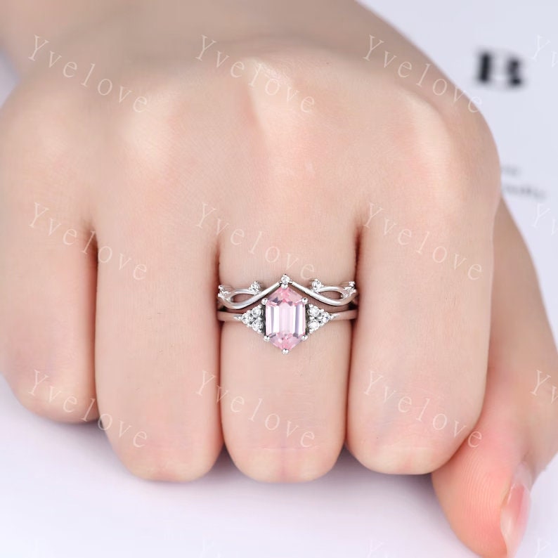 Retro hexagon Pink Sapphire Ring,Vintage Sterling Silver Ring Set,Unique Sapphire Engagement Ring,Promise Ring,Anniversary Ring Gift For Her