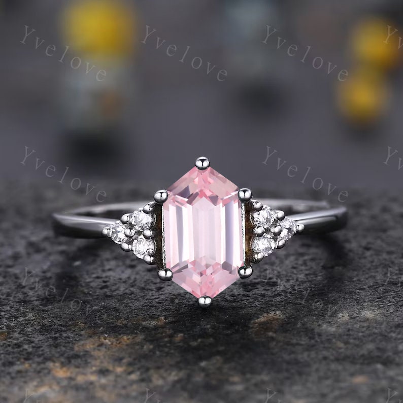 Retro hexagon Pink Sapphire Ring,Vintage Sterling Silver Ring Set,Unique Sapphire Engagement Ring,Promise Ring,Anniversary Ring Gift For Her