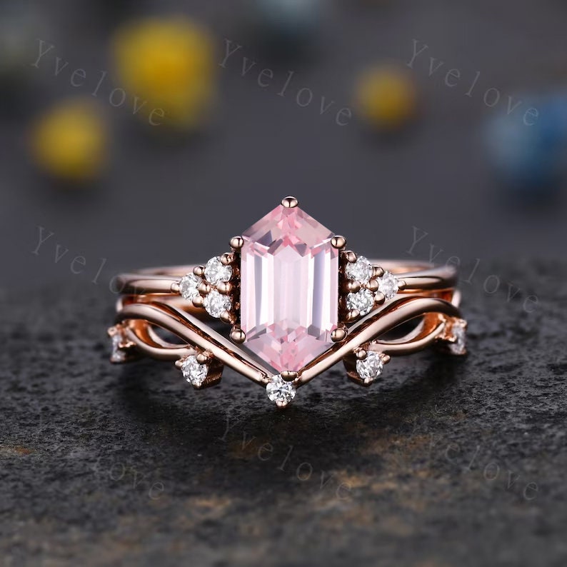 Retro hexagon Pink Sapphire Ring,Vintage Sterling Silver Ring Set,Unique Sapphire Engagement Ring,Promise Ring,Anniversary Ring Gift For Her