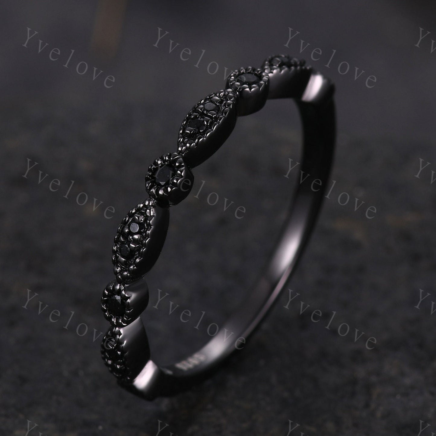 Black diamond wedding band half eternity ring Black spinel engagement ring silver black stacking matching band Milgrain set art deco ring