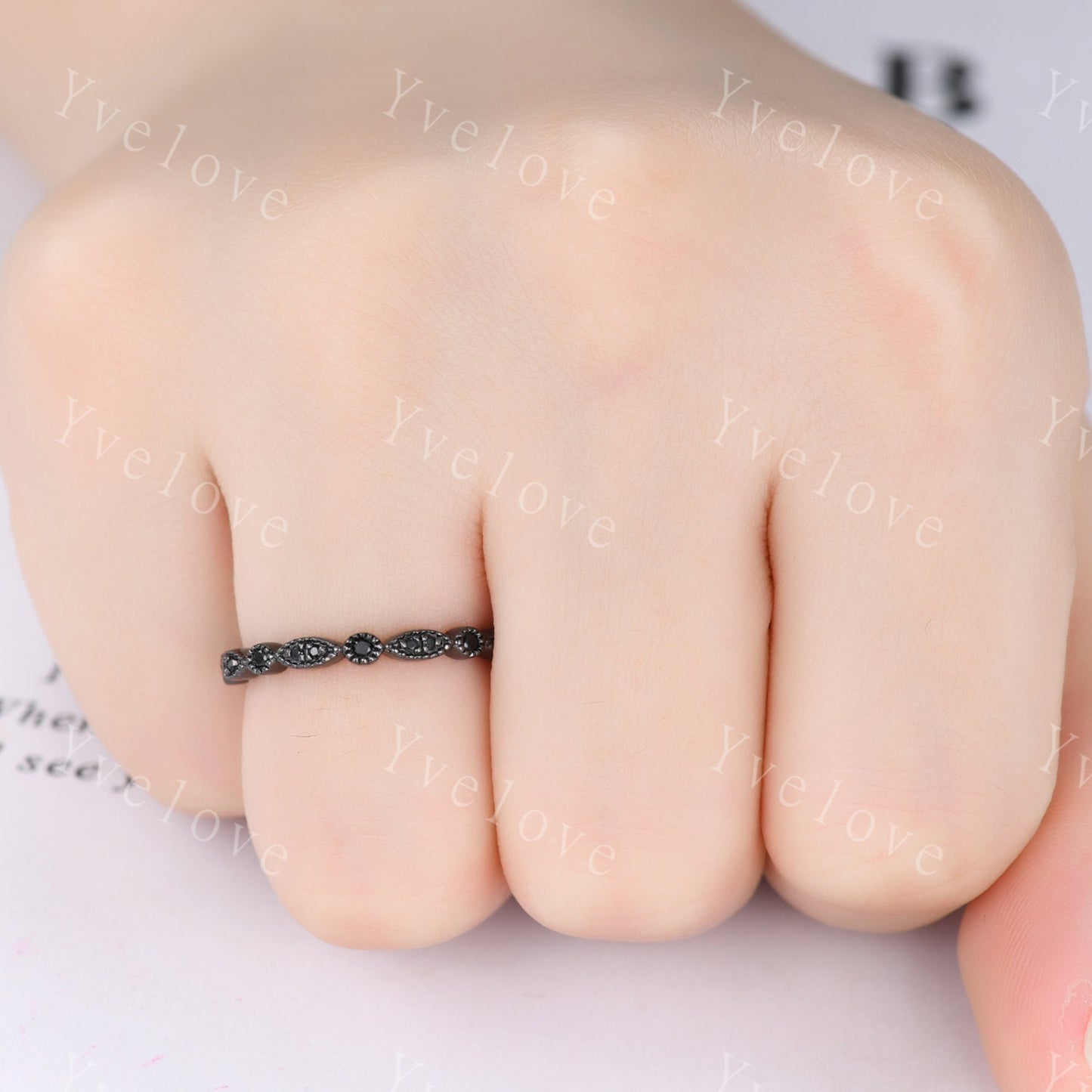 Black diamond wedding band half eternity ring Black spinel engagement ring silver black stacking matching band Milgrain set art deco ring