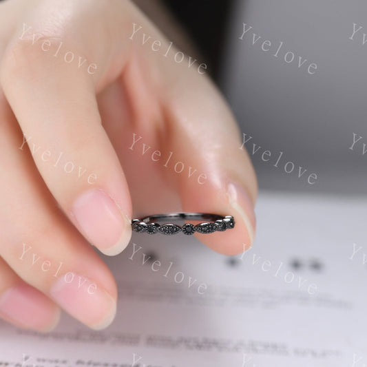 Black diamond wedding band half eternity ring Black spinel engagement ring silver black stacking matching band Milgrain set art deco ring