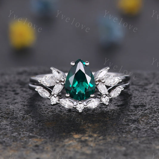 Pear cut emerald engagement ring set moissanite wedding ring women art deco stacking matching band vintage floral jewelry May birthstone