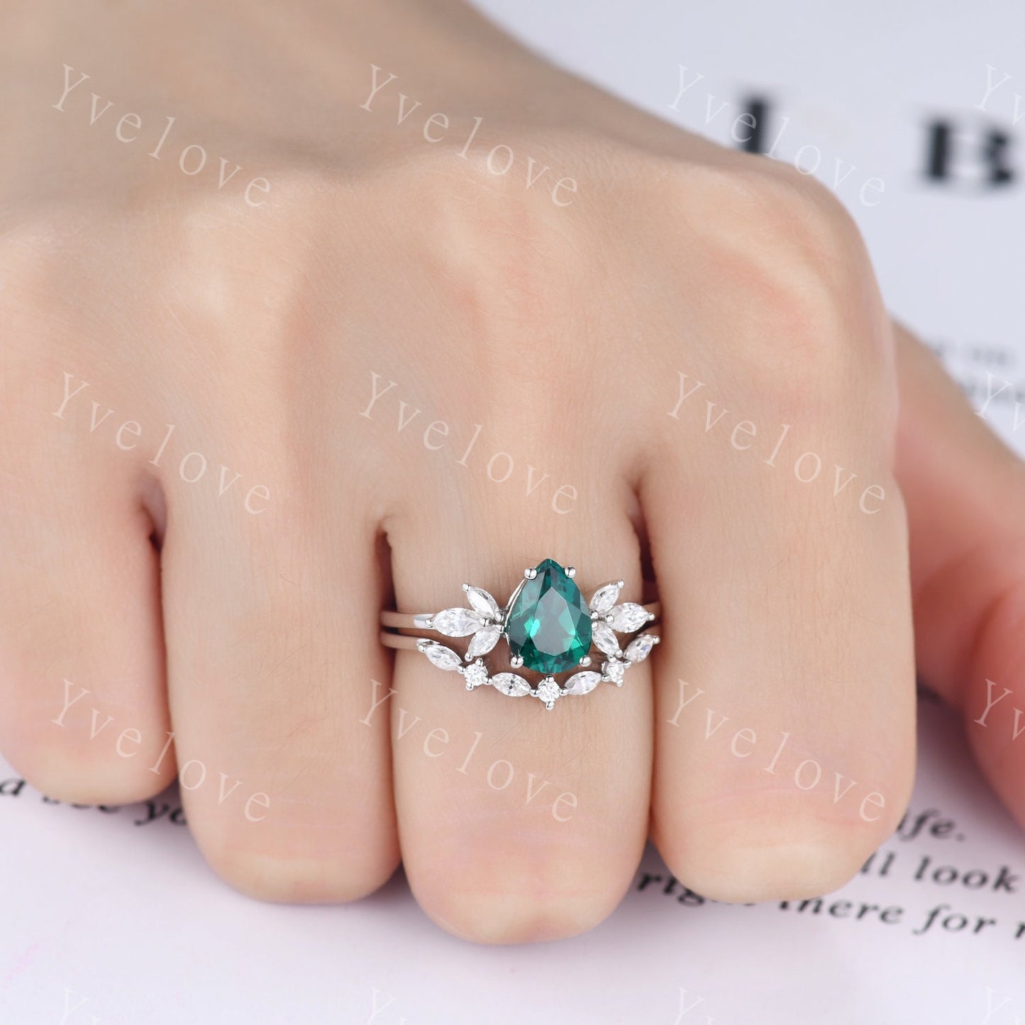 Pear cut emerald engagement ring set moissanite wedding ring women art deco stacking matching band vintage floral jewelry May birthstone