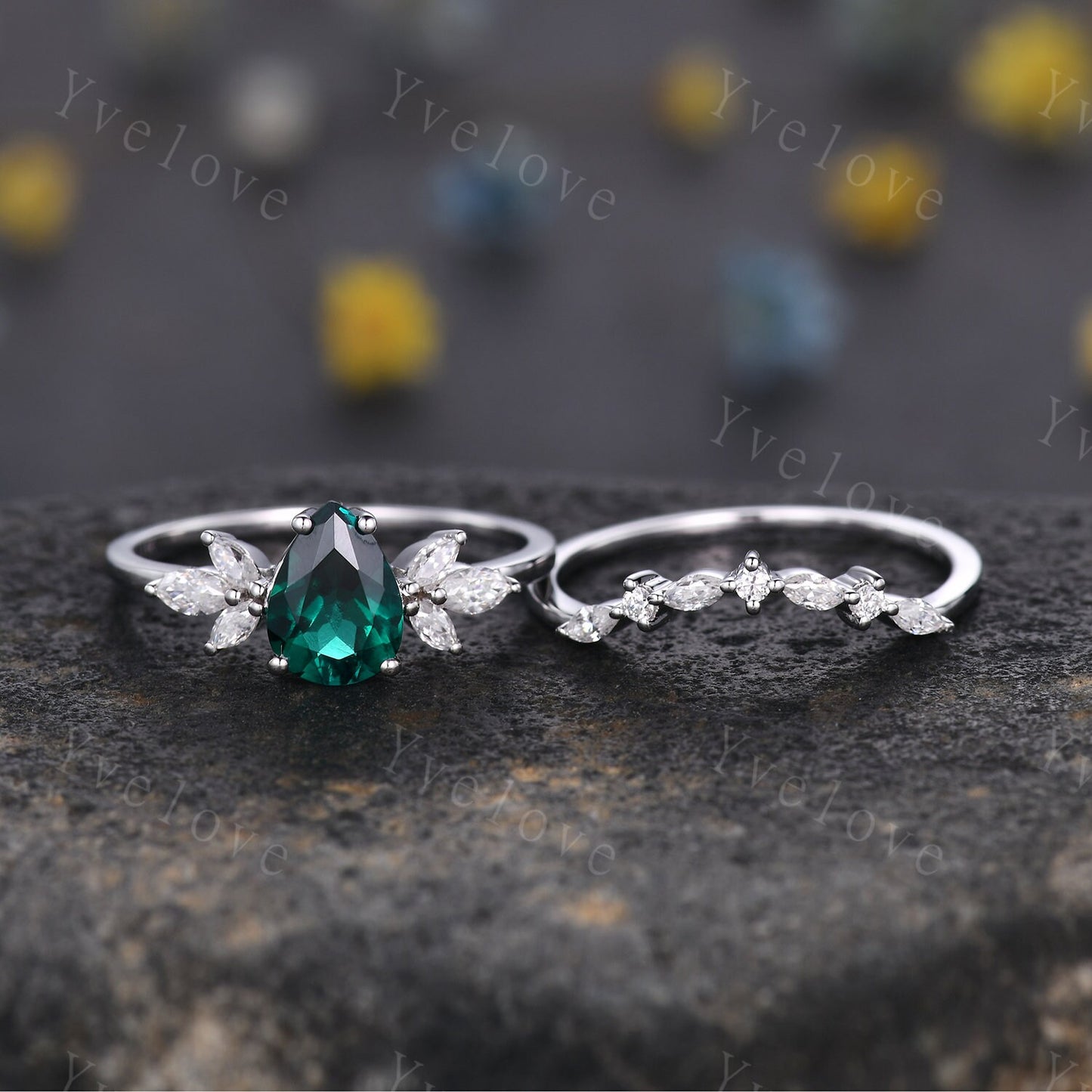 Pear cut emerald engagement ring set moissanite wedding ring women art deco stacking matching band vintage floral jewelry May birthstone