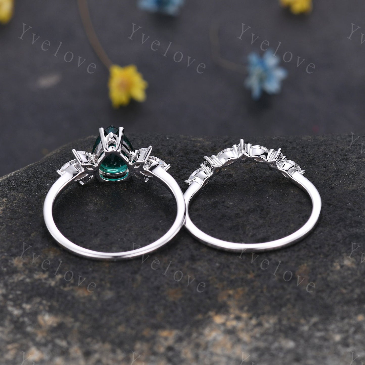 Pear cut emerald engagement ring set moissanite wedding ring women art deco stacking matching band vintage floral jewelry May birthstone