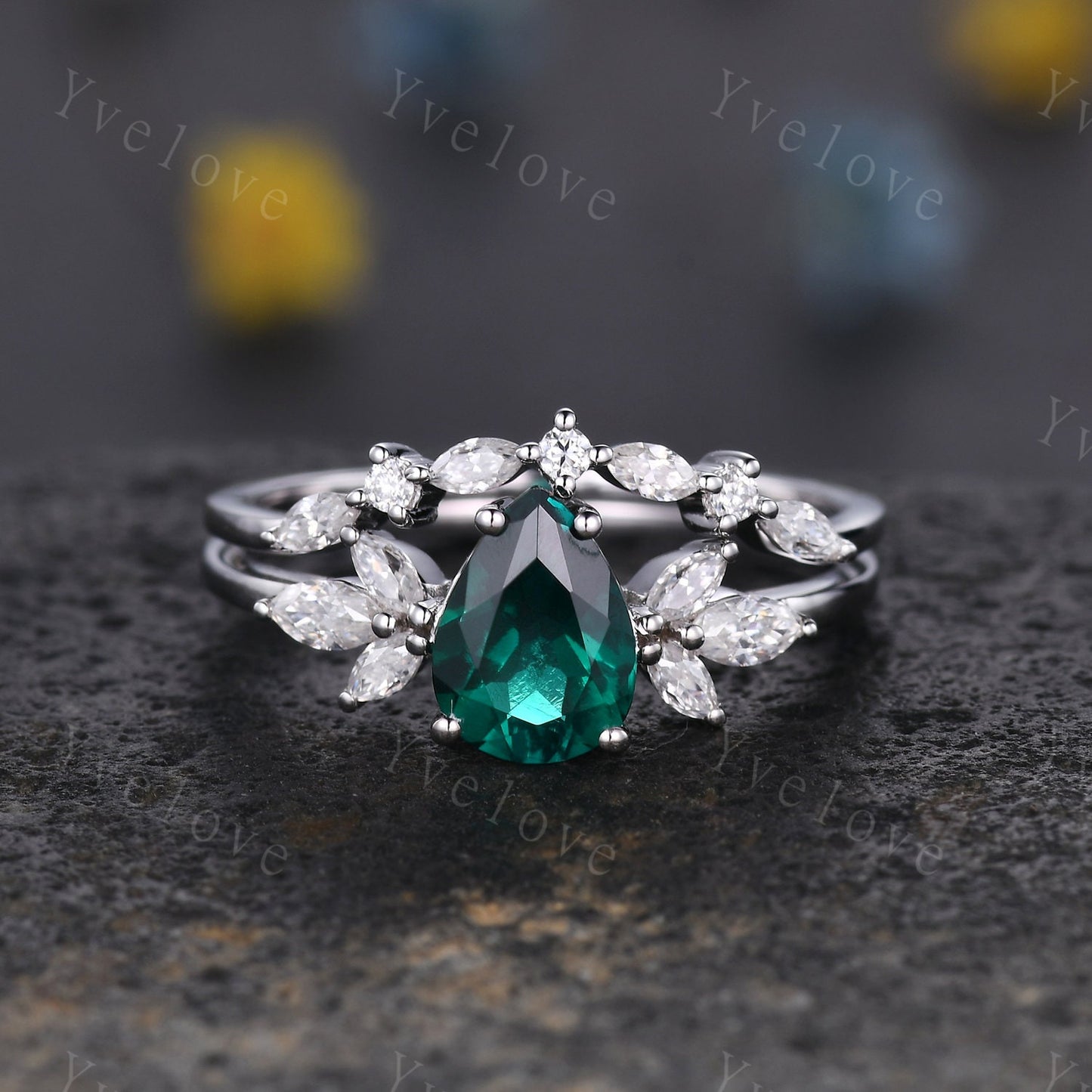 Pear cut emerald engagement ring set moissanite wedding ring women art deco stacking matching band vintage floral jewelry May birthstone