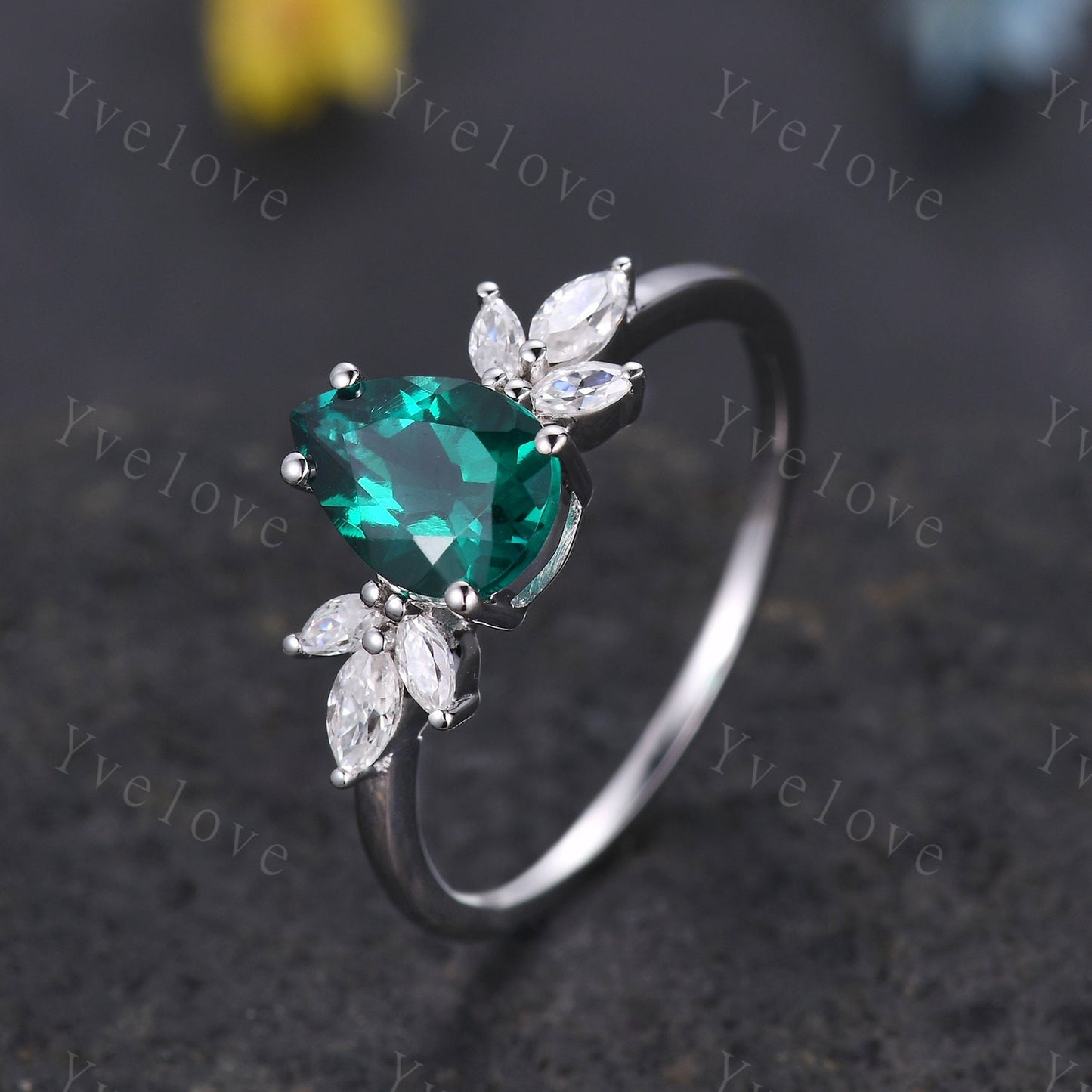 White gold emerald engagement ring women art deco ring moissanite wedding band vintage bridal jewelry May birthstone anniversary gift