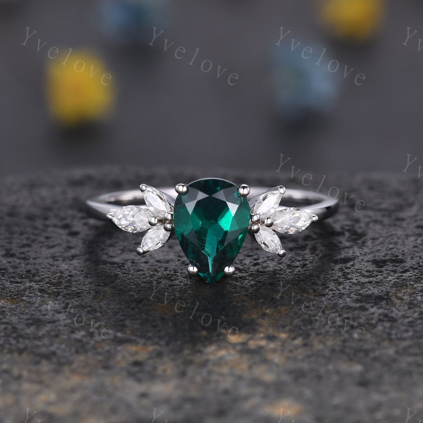 White gold emerald engagement ring women art deco ring moissanite wedding band vintage bridal jewelry May birthstone anniversary gift
