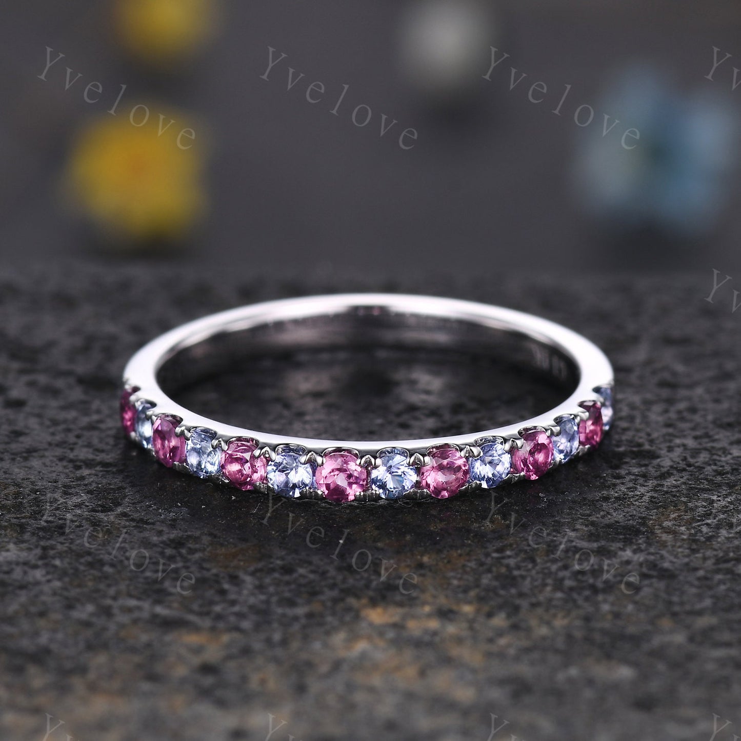 2mm Natural tanzanite and Pink Tourmaline wedding band minimalist wedding ring 925 silver ring promise bridal stacking band birthday gift