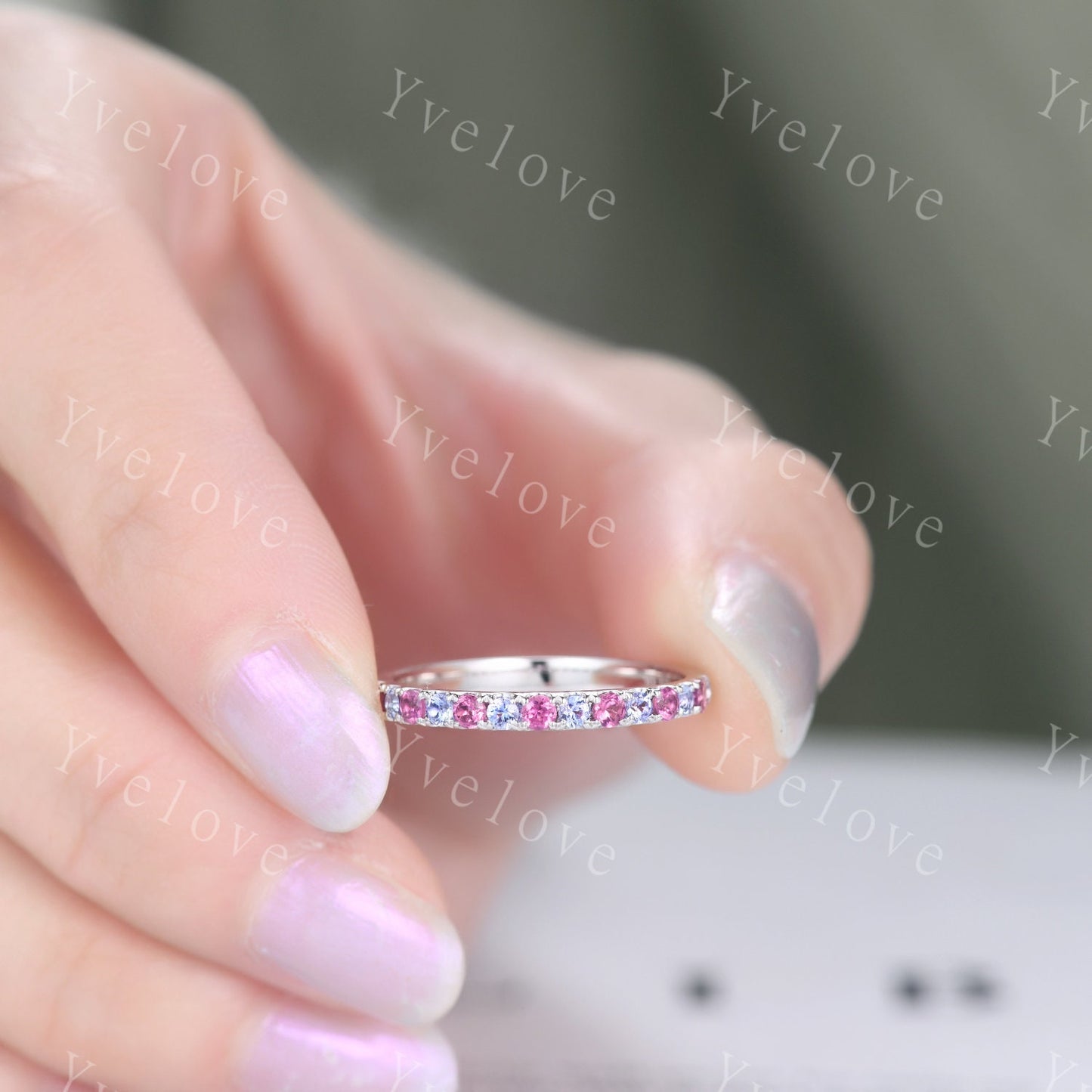 2mm Natural tanzanite and Pink Tourmaline wedding band minimalist wedding ring 925 silver ring promise bridal stacking band birthday gift