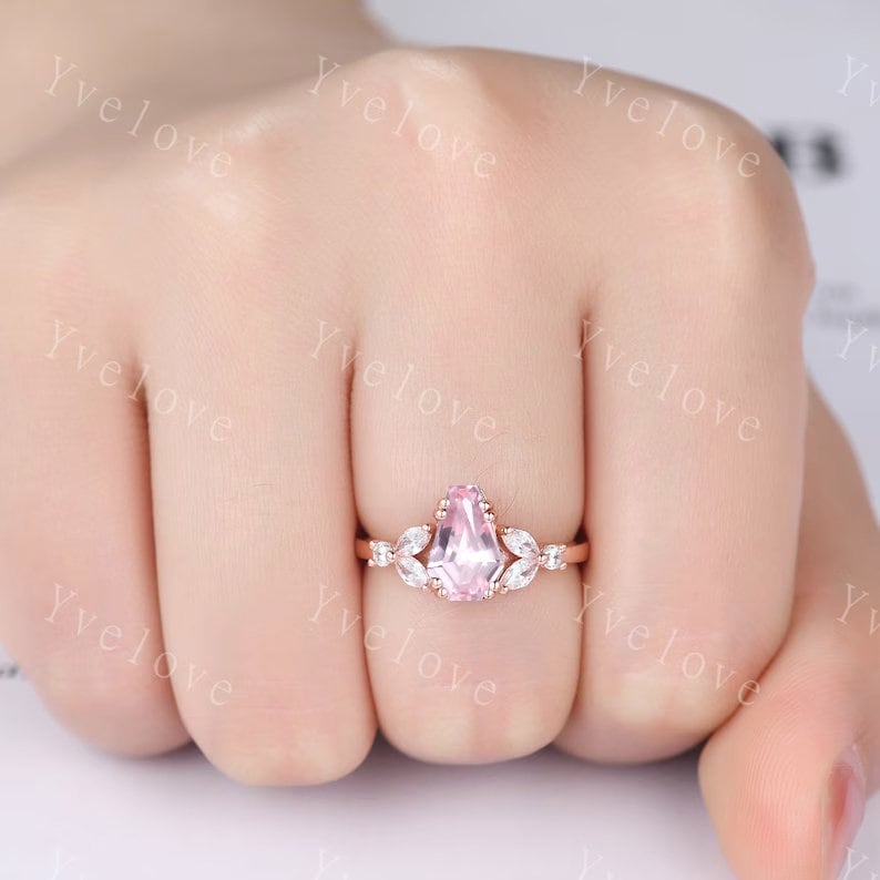 Vintage coffin shaped pink sapphire ring set moissanite wedding ring Unique sapphire engagement ring solid 14k rose gold bridal promise ring
