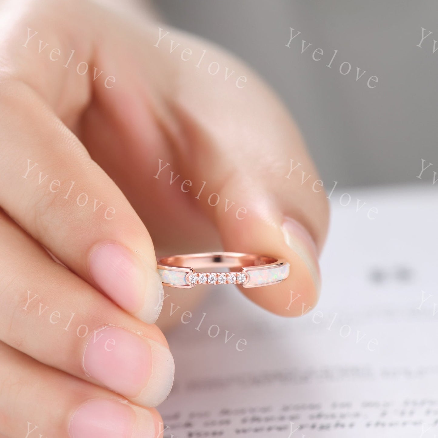 White Opal Moissanite Band,Half Eternity Band,Stackable Ring,Engagement Band,Modern Band,October Birthstone Ring,Women Ring Gift For Her