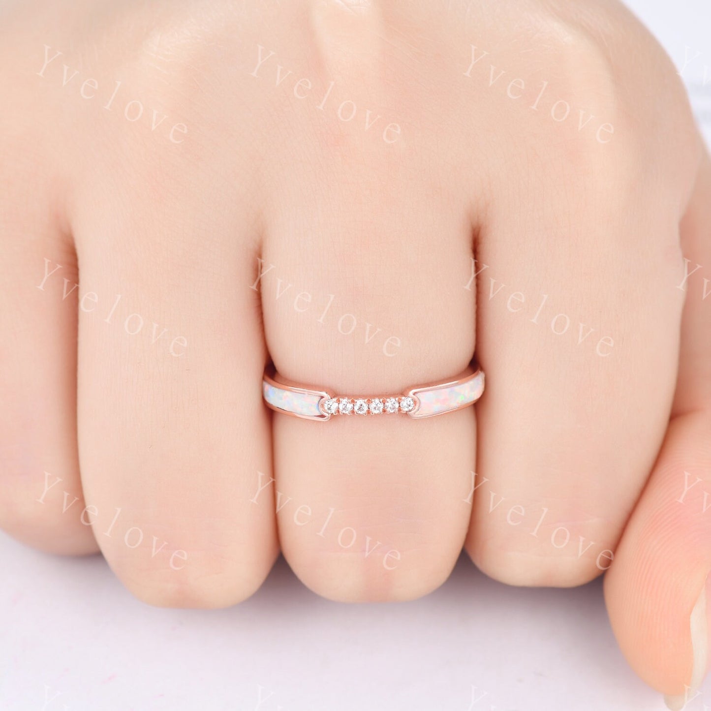 White Opal Moissanite Band,Half Eternity Band,Stackable Ring,Engagement Band,Modern Band,October Birthstone Ring,Women Ring Gift For Her