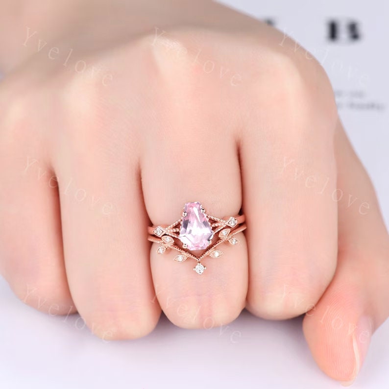 Vintage coffin pink sapphire ring set diamond wedding ring Unique sapphire engagement ring 18k rose gold diamond matching band promise ring