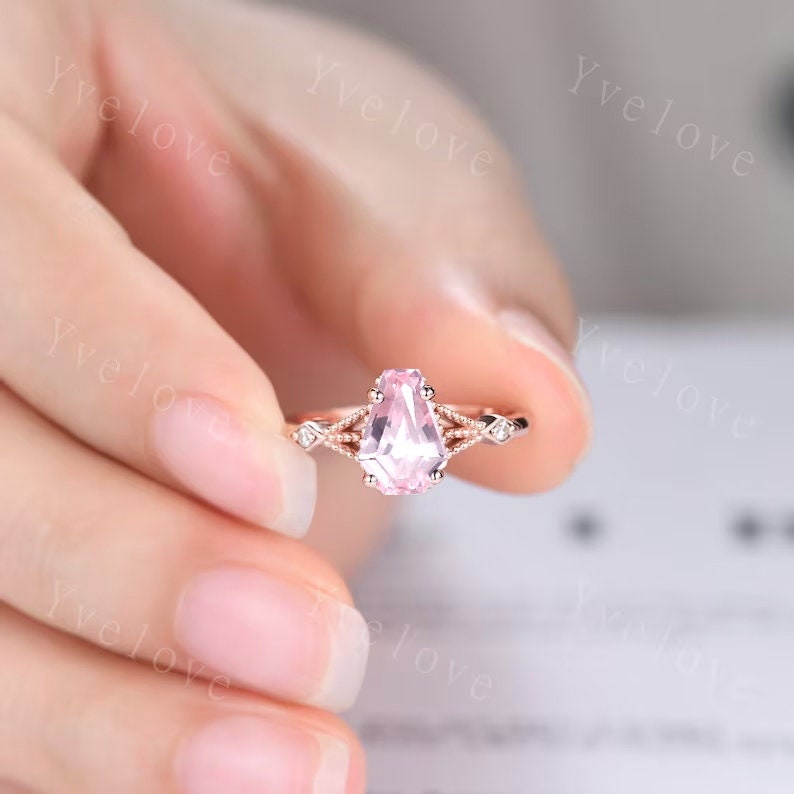Vintage coffin pink sapphire ring set diamond wedding ring Unique sapphire engagement ring 18k rose gold diamond matching band promise ring