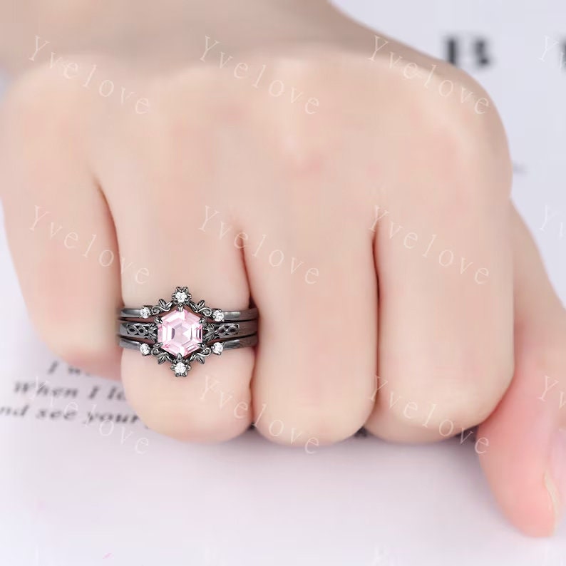 Hexagon Shaped Pink Sapphire Engagement Ring Set 925 Silver Vintage Sapphire Wedding Ring Enhancer Band Art Deco Bridal  Ring Set For Women