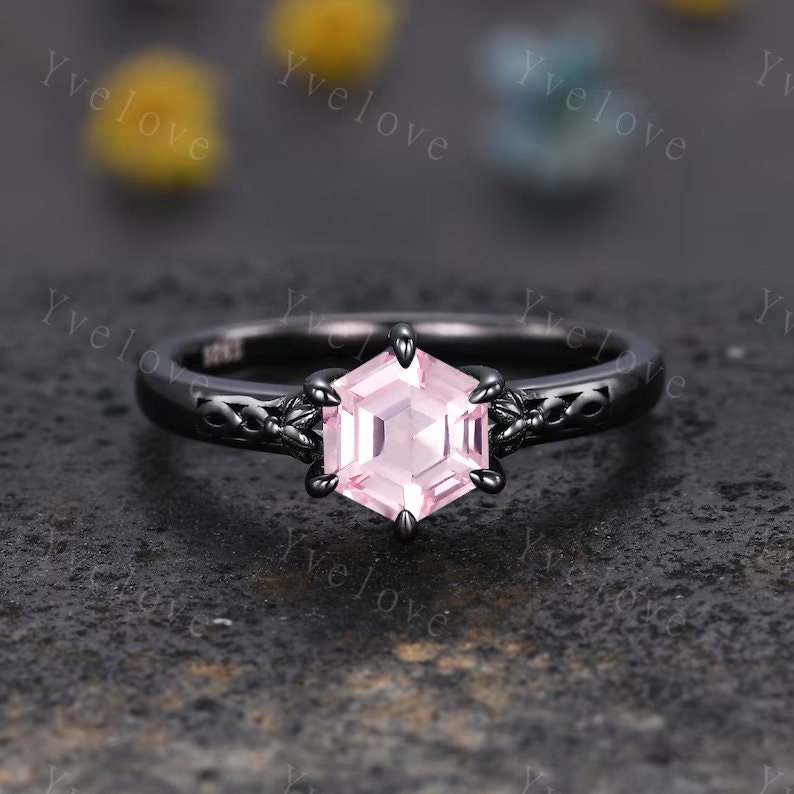 Hexagon Shaped Pink Sapphire Engagement Ring Set 925 Silver Vintage Sapphire Wedding Ring Enhancer Band Art Deco Bridal  Ring Set For Women
