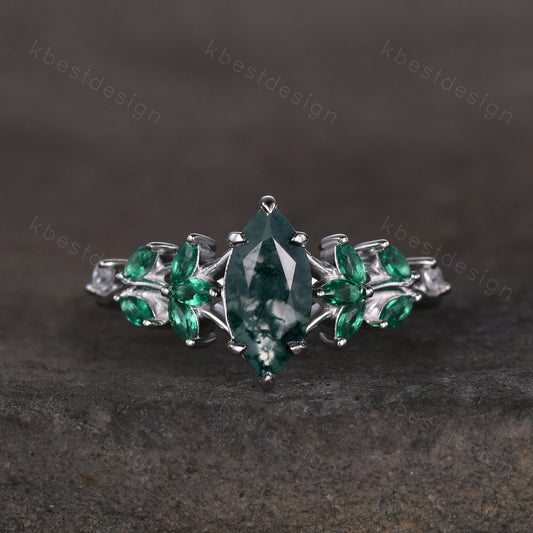 Vintage Marquise Moss Agate Engagement Ring Unique Art Deco Leaf Emerald Cluster Ring Women Green Agate Branch Ring Bridal Promise Ring
