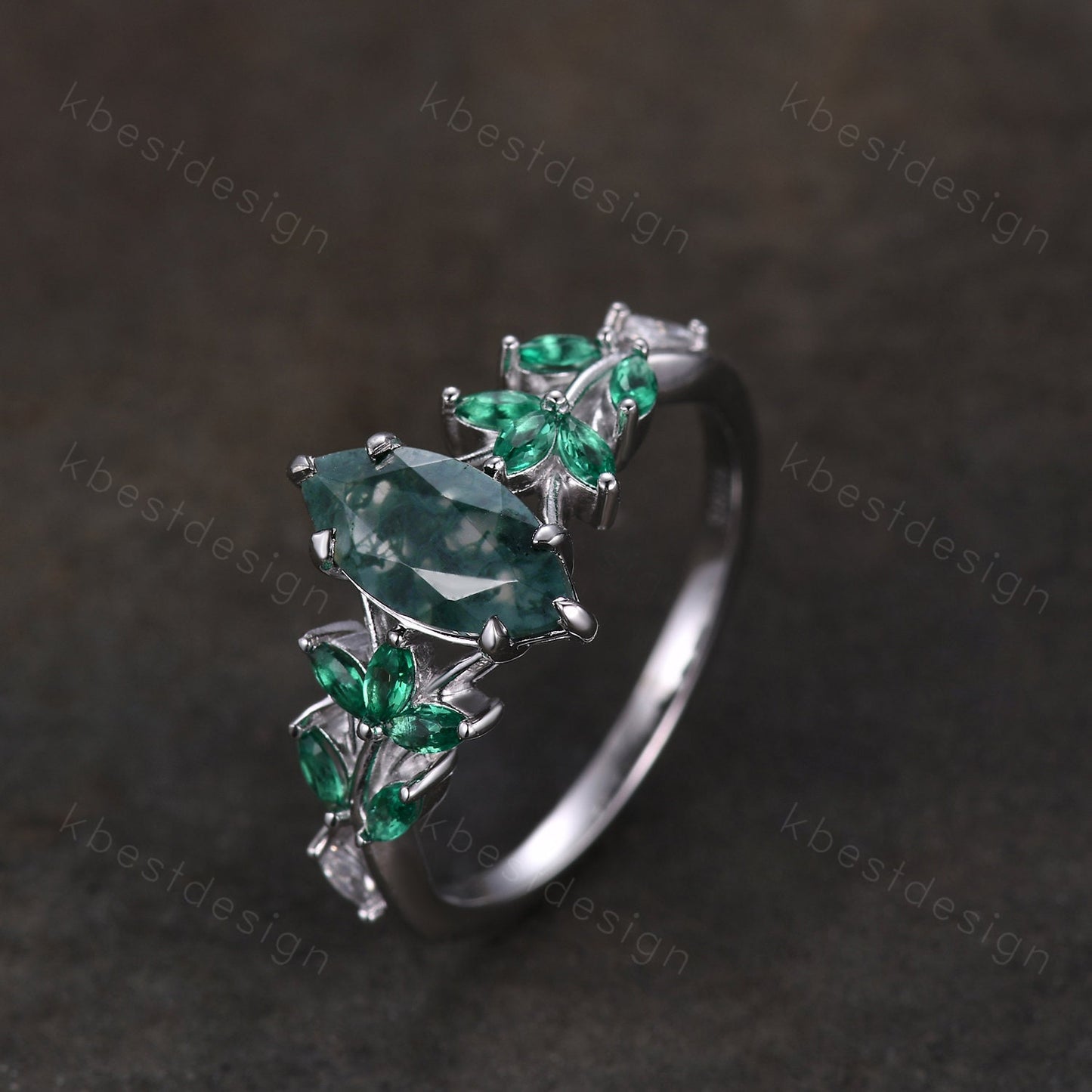 Vintage Marquise Moss Agate Engagement Ring Unique Art Deco Leaf Emerald Cluster Ring Women Green Agate Branch Ring Bridal Promise Ring