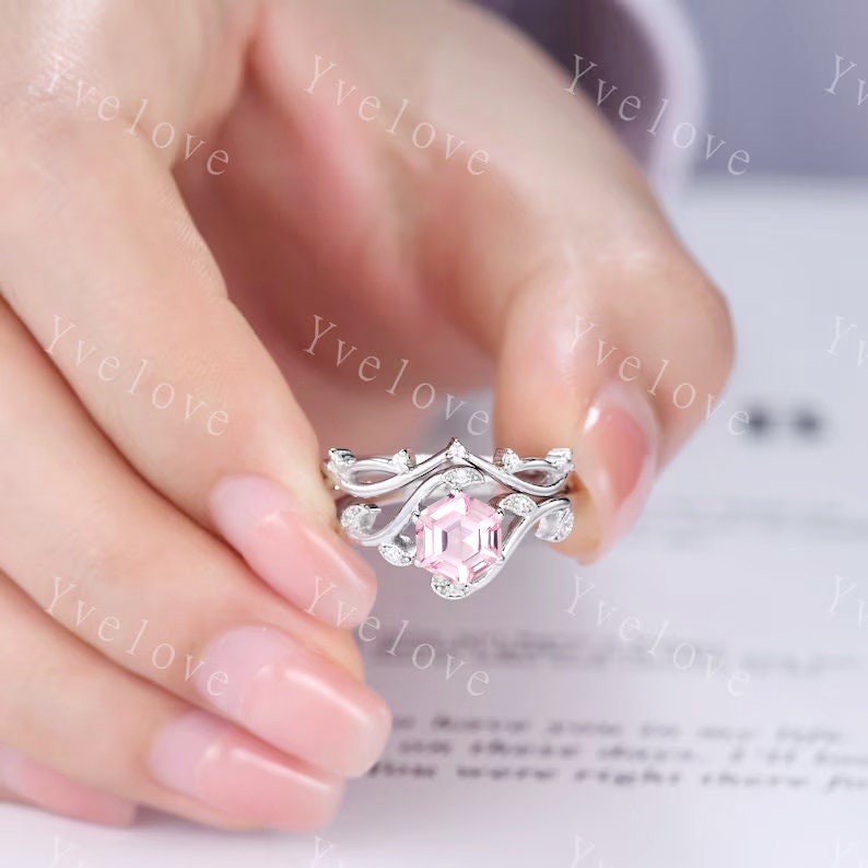 Retro hexagon Pink Sapphire Ring,Vintage Sterling Silver Ring Set,Unique Engagement Ring,Promise Ring,Anniversary Bridal Ring Gift,Custom