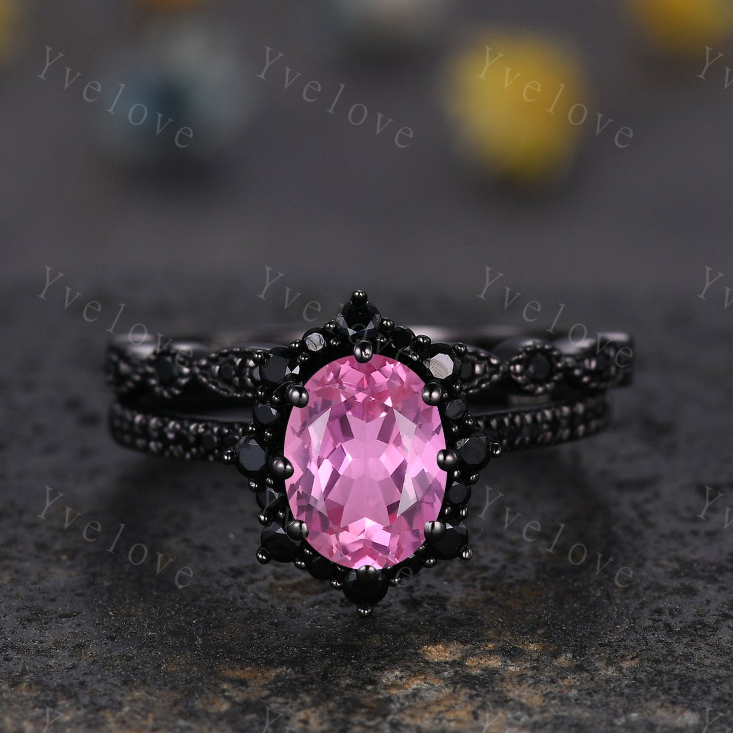 Gothic Oval Cut Pink Sapphire Engagement Ring Set,Black Gold Black Diamond Promise Ring Set Unique Rhodium Black Witchy Ring Bridal Set Gift