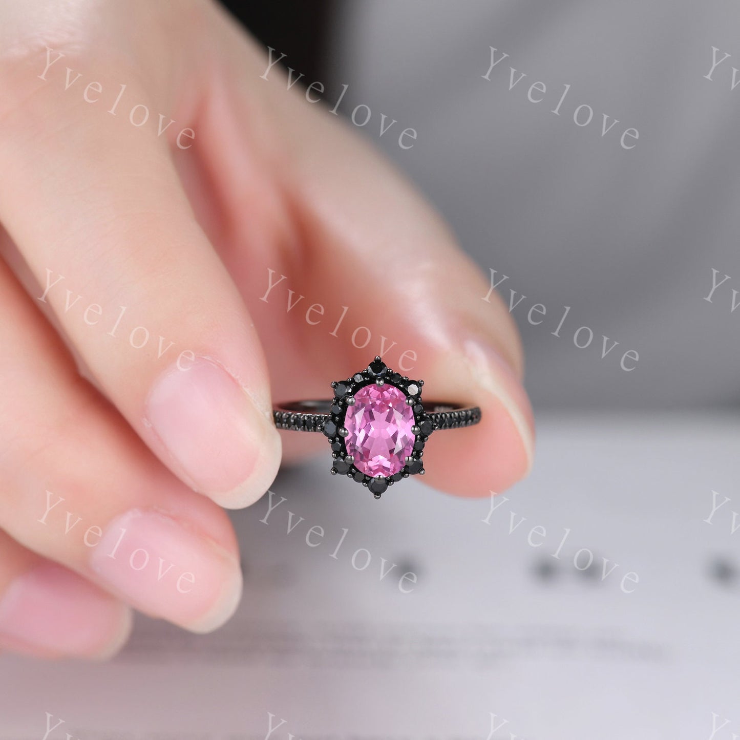 Gothic Oval Cut Pink Sapphire Engagement Ring Set,Black Gold Black Diamond Promise Ring Set Unique Rhodium Black Witchy Ring Bridal Set Gift