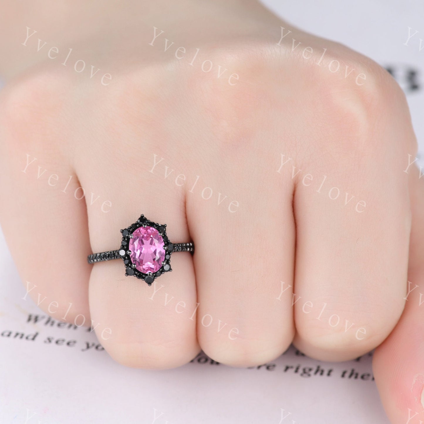Gothic Oval Cut Pink Sapphire Engagement Ring Set,Black Gold Black Diamond Promise Ring Set Unique Rhodium Black Witchy Ring Bridal Set Gift