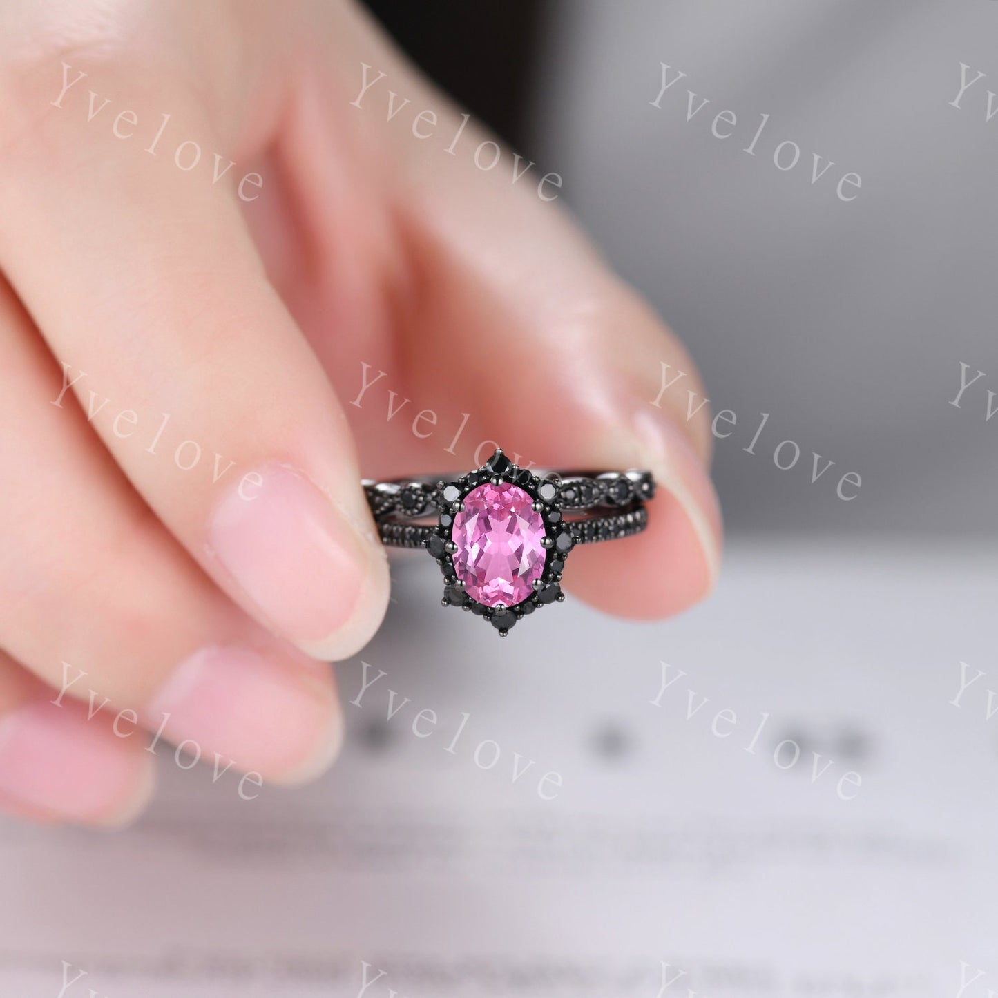 Gothic Oval Cut Pink Sapphire Engagement Ring Set,Black Gold Black Diamond Promise Ring Set Unique Rhodium Black Witchy Ring Bridal Set Gift